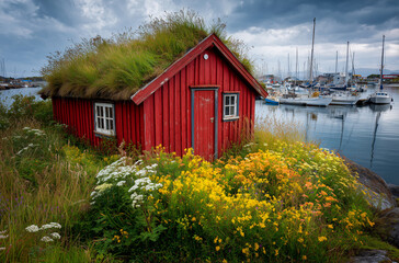 Charming red cabin with grass roof surrounded by flowers and boats at harbor
