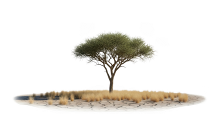 Solitary African acacia tree standing on a patch of dry savanna grass, isolated cutout png on a white background