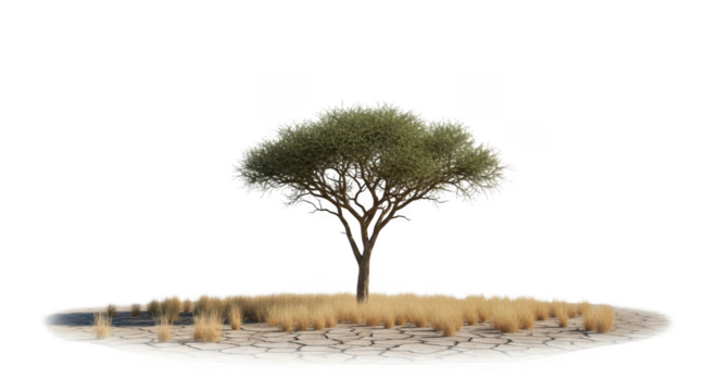 Solitary African acacia tree standing on a patch of dry savanna grass, isolated cutout png on a white background