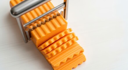 Crinkle-cut cheese slices using wave pattern slicer on white background