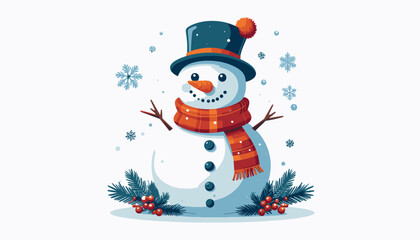 A cheerful snowman wearing a hat and scarf, surrounded by snowflakes and festive decorations.