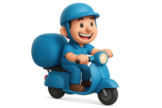 Cute cartoon delivery man riding scooter with a big smile, providing fast and efficient courier service