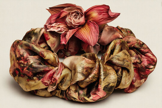 Elegant women's hair fashion accessory with floral detailing. Luxury silk scrunchie with abstract gold and red floral print.