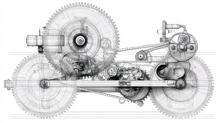 Intricate cross-sectional diagram, mechanical contraption, gears, wheels, and belts