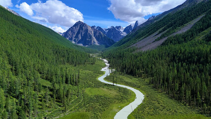 The Shavla River in the Altai Mountains in summer, as seen from a drone
