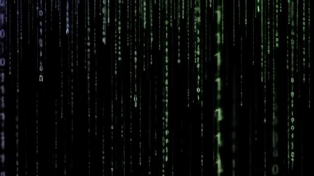 Abstract digital rain of binary code falling against a dark background with green and purple hues.