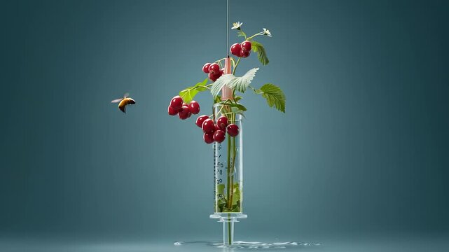 A vibrant plant with red cherries rises from a syringe, symbolizing nature and science coexisting in harmony. This fusion highlights the beauty of cherries amidst the green leaves.