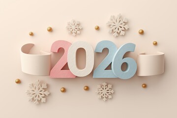 Festive display of the year 2026 with textured numbers in pink and blue, surrounded by decorative snowflakes and golden spheres on a light beige background. Ideal for New Year and holiday themes