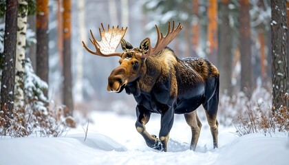 Majestic moose strides through a snowy forest, towering trees surround it in winter's embrace, serene and wild