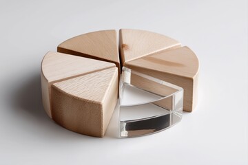 Modern wooden pie chart with transparent segment for clear business analysis