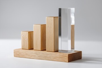 Modern wooden bar chart with transparent column for financial report, data growth and business performance analysis