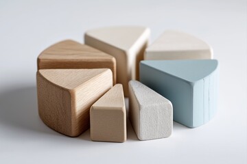 Segmented wooden pie chart with pastel blue accent for business presentation visuals