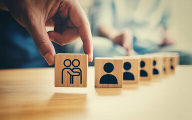 Hand placing wooden block with a team icon in a row of individual icons representing collaboration and teamwork for business success and human resources management