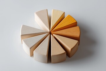 Color accented wooden pie chart with twelve segments for data presentation and business insights