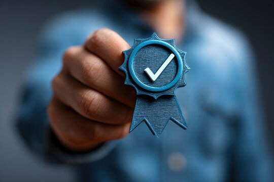 A hand holds a blue award ribbon with a white check mark in the center against a blurred background