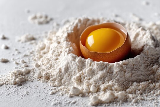 Cracked egg yolk in flour nest, closeup baking ingredient shot for food blog or cookbook cover