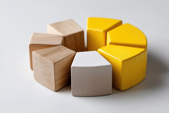 Segmented wooden pie chart with yellow blocks for modern data visualization and marketing reports