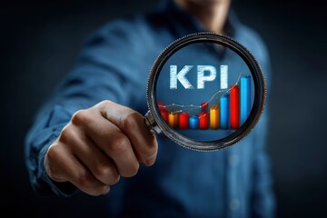 A person holds a magnifying glass showing the word KPI with a bar graph behind it