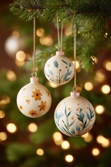 Three festive Christmas ornaments with delicate hand-painted floral patterns hanging from a green pine branch, surrounded by warm bokeh light