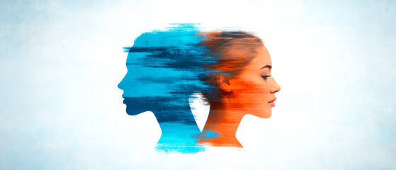 This artistic image features a dual profile of a woman's face, showcasing contrasting blue and orange colors that symbolize varying emotions or states of mind.