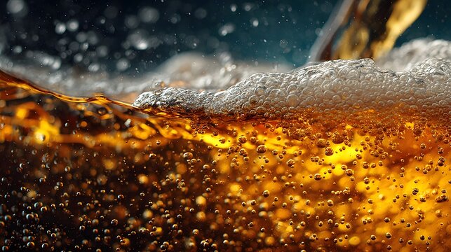 Extreme close-up, dynamic shot of golden beer being poured into a glass, creating a magnificent fizz of bubbles and foam, backlit to make it glow.