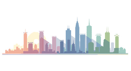 Fototapeta premium A colorful silhouette of a modern city skyline at sunset with tall buildings casting long shadows.