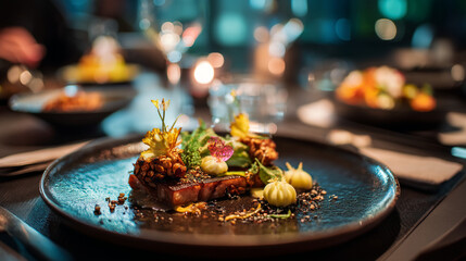 A close up of a gourmet dish with meat and vegetables on a dark plate in a restaurant setting