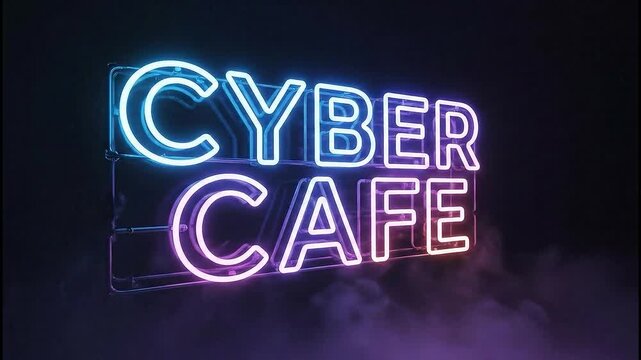 Glowing Neon Cyber Cafe Sign with Futuristic Glitch Effect and Smoke