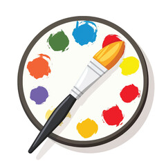 Flat style icon of a paintbrush and artist palette, isolated on a clean white background, featuring simple colorful design elements suitable for creative tools.