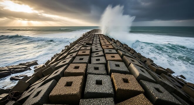 Dramatic Ocean Waves Crashing Against a Rugged Stone Jetty Under Stormy Skies and Dramatic Sunbeams