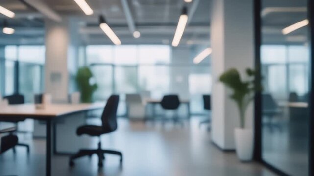 Blurred background of a contemporary open-plan office space, showcasing modern design elements and a professional, collaborative work environment concept for business innovation
