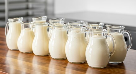 Row of glass jugs filled with fresh creamy milk on wooden table