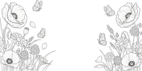 Detailed line art illustration of a vibrant wildflower meadow with poppies, daisies, and clover, adorned with graceful butterflies in flight, perfect for coloring.