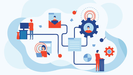 Modern illustration depicting diverse team members collaborating to automate business workflows using digital tools and technology for enhanced efficiency and productivity