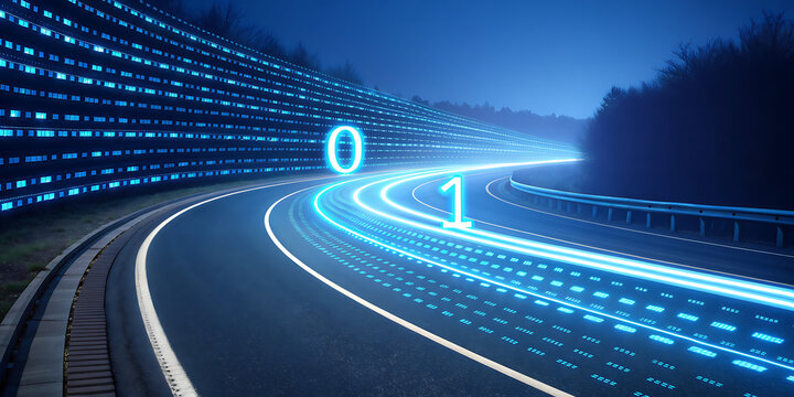 Digital highway with glowing binary code and light trails at night