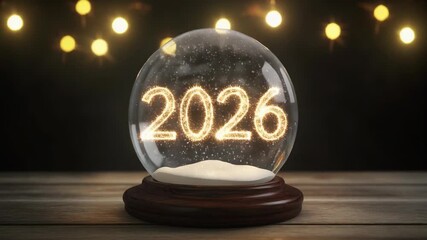 Sparkling 2026 numerals floating inside a snow globe sitting on a wooden surface with glowing lights in the background - Powered by Adobe