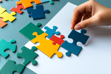 Obraz premium A hand is placing a colorful puzzle piece onto a white sheet, surrounded by other vibrant puzzle pieces.