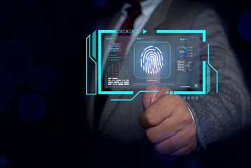 Finger pressing biometric fingerprint scanner with technology icons.
Security of cyber technologies that control or allow access to information, concepts, systems, and privacy.