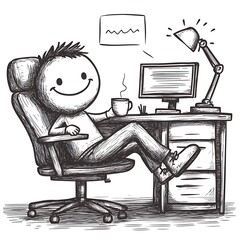 Content cartoon character casually working with feet up at their comfortable home office