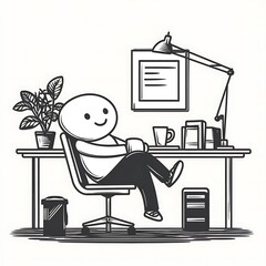Content Cartoon Figure Relaxing with Feet Up at a Tidy Office Desk Space