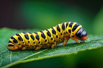 Fototapeta premium Caterpillar A yellow and black caterpillar rests on a green leaf facing right