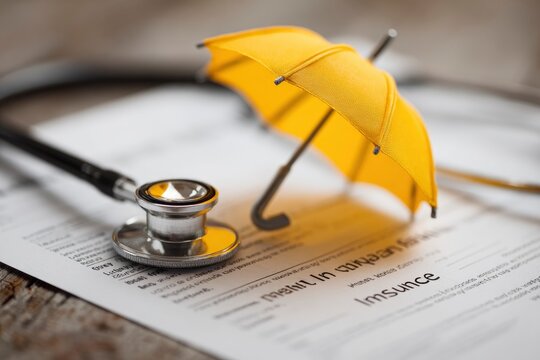 Closeup of a stethoscope and yellow umbrella on a document labeled Insurance likely a metaphor for health insurance