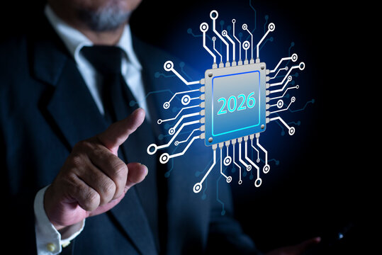 Businessman pointing Futuristic 2026 forecast with glowing AI elements. Tech ai analyzing data. Technology artificial intelligence analysis. Ai analyst machine learning.