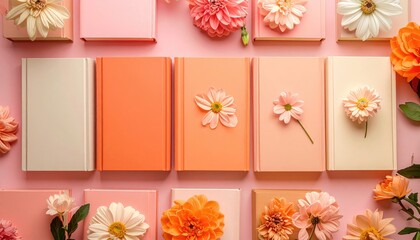 Books, blooms, and boxes on pink background