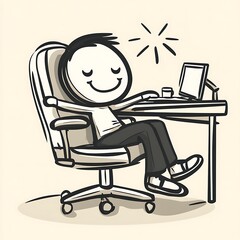 Content professional relaxing at a modern desk after completing work tasks