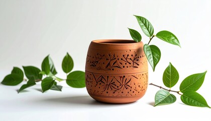 Terracotta pot with plant stems against a white backdrop