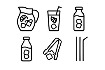 Outline icons set for summer drinks, lemonade pitcher, iced glass, and beverage accessories