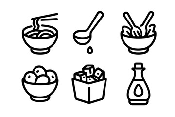 Minimal line icons for restaurant menu design featuring noodles salad fries and condiments