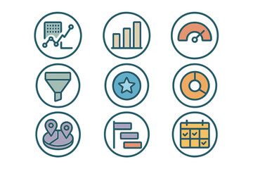 Essential business analytics and planning icons featuring charts, metrics, scheduling, and location tracking