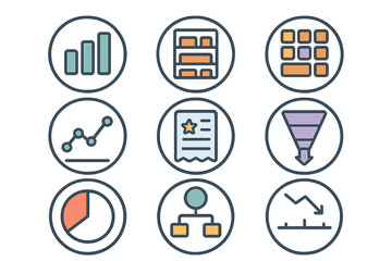 Business and finance icons set featuring charts, graphs, funnel, and organizational structure symbols